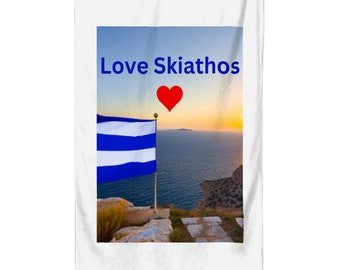 Love Skiathos Flag Premium Beach Towel, Premium, Holiday, Greek Inspired, Beautiful.