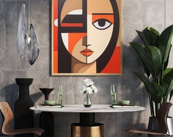 Peinture abstraite, Portrait cubiste, Impression géométrique, Orange, Noir, Beige, Contemporain, Art mural, Décoration intérieure, Chambre à coucher, Salon, Bureau