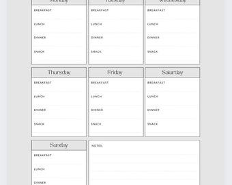 Printable Weekly Daily Monthly Meal Planner-Grocery List Sheets, Instant Download 3 Recipes for diabetics and 3 recipes under 1500 calories