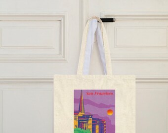 San Francisco Graphic Tote Bag, Vintage SF Canvas Bag, San Francisco Travel Tote, SF Lover Shopper, Golden Gate Bridge Tote