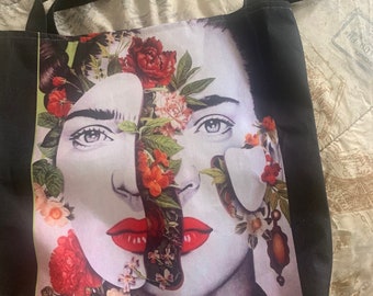 Frida Kahlo flowers Tote bag-Floral Print Shoulder Bag-Mexican Art Inspired bag-Mexican Painter's Print Bag-Canvas Shopper- gift for her
