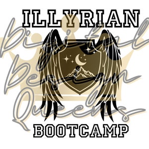 Puede incluir: Diseño gráfico en blanco y negro con el texto "ILLYIRIAN BOOTCAMP" y un escudo con una luna creciente, estrellas y montañas en su interior. El escudo está flanqueado por alas.