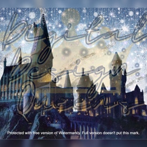 May include: A digital illustration of a castle with a blue and white starry sky background. The castle is a dark gray color with many towers and windows. The text "Digital Design" is superimposed over the image in a white, glittery font.