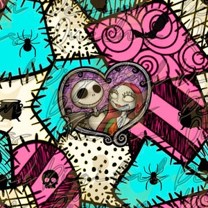 May include: A colorful patchwork pattern featuring Jack and Sally from The Nightmare Before Christmas. The couple is shown in a heart-shaped frame with a black and white spider in the corner.