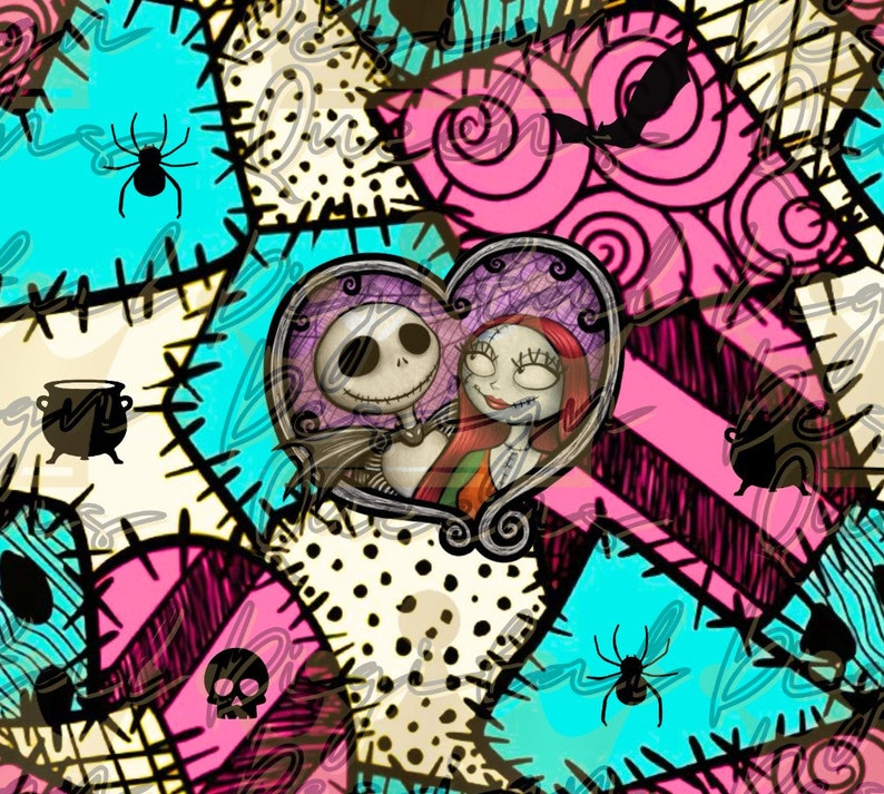 May include: A colorful patchwork pattern featuring Jack and Sally from The Nightmare Before Christmas. The couple is shown in a heart-shaped frame with a black and white spider in the corner.