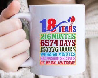 A Colorful Chronology Celebrating 18 Years Days Hours Minutes and Seconds - Time Flies 18th Birthday Rises Colourful Mug - 18th Birthday Mug