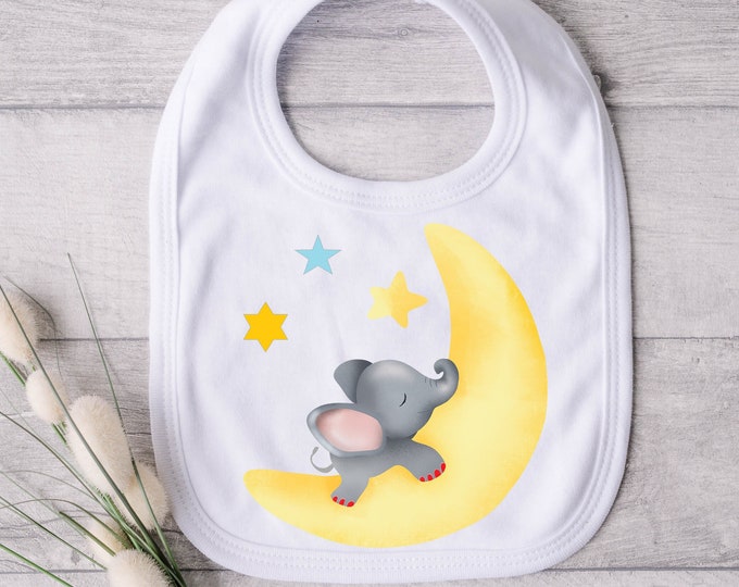 Crescent Moon Cuddles Bib - Sweet Dreams - Sleepy Baby Elephant - Slumbering Pachyderm on a Bright Moon Bib - Luna Nap with Baby Elephant