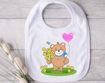 Blooming Cuddles Bear with Heart Balloon Bib - Bear Hugs and Blooming Love - Love's Sweet Embrace - Loves Gentle Bear Balloon and Flower Bib
