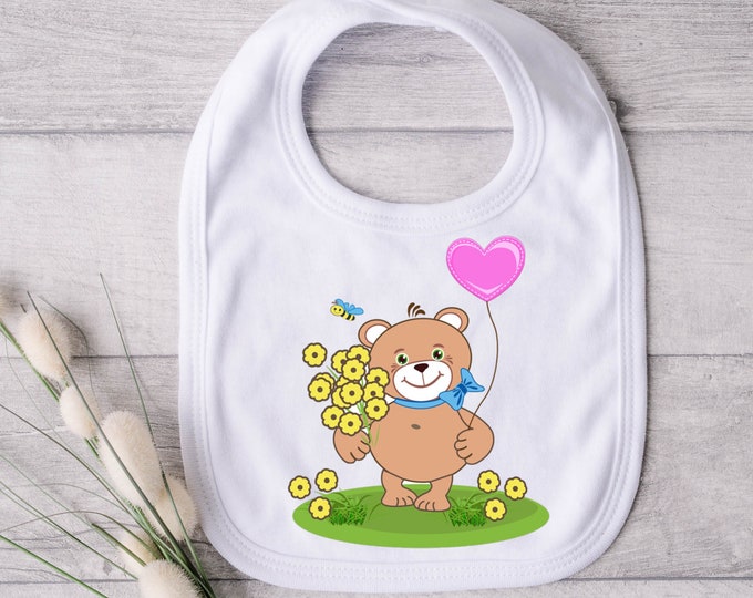 Blooming Cuddles Bear with Heart Balloon Bib - Bear Hugs and Blooming Love - Love's Sweet Embrace - Loves Gentle Bear Balloon and Flower Bib