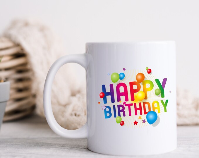 Party Time Colorful Happy Birthday Mug with Balloons - Colorful Wishes - Birthday Bliss - Brighten Your Birthday Mug and Balloons