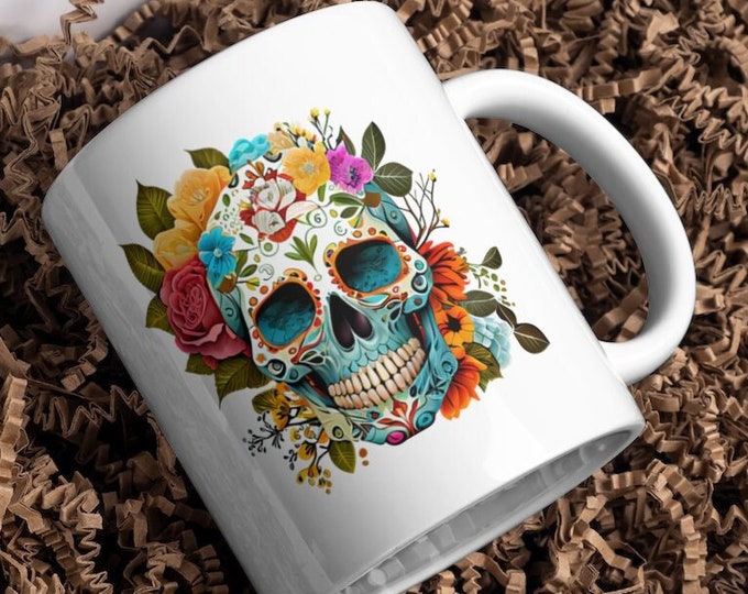 Skull and Flowers Mug - Dark Bloom - Mug for Goths, Punks, and Emos -The flowers symbolize life, growth, beauty, the skull - mortality