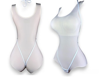 1030-4S * Strappy Y-Back Spandex & Mesh Thong Bodysuit – Open-Bust Minimalist Lingerie by SHbikini, Adjustable Halter Neck One-Piece, Bikini