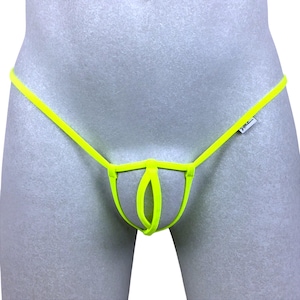 May include: Neon yellow thong underwear with a unique design. The underwear features a thin waistband and a distinctive front panel. The fabric is a bright, eye-catching yellow. A small tag is visible on the side.