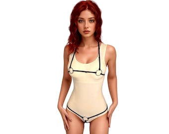 125 * Handgefertigtes offenes Bikini-Set – Schwarzes Lycra-Riemchen-G-String-Dessous mit dekorativen Ringen von SHbikini