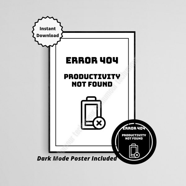 Funny Error 404 Not Found Poster, Printable Home Office Art, Instant Download Funny Poster, Funny Productivity Print, Work From Home Art WFH