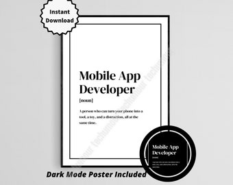 Póster con la definición de desarrollador de aplicaciones móviles, decoración para trabajar desde casa (descarga digital)