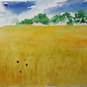 Weizenfeld mit 3 Mohnblumen, Aquarell / Minimalistisches Wandbild