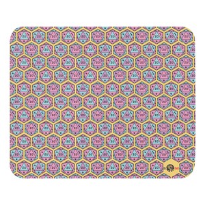May include: A yellow background with a repeating pattern of pink and blue 20-sided dice. The dice are outlined in black and have a white 20 inside. The text "BE DND" is in the bottom right corner.