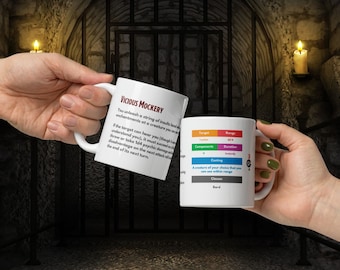 May include: Two white mugs with a Dungeons and Dragons spell description on each. The mug on the left says "Vicious Mockery" and the mug on the right says "A creature of your choice that you can see within range".