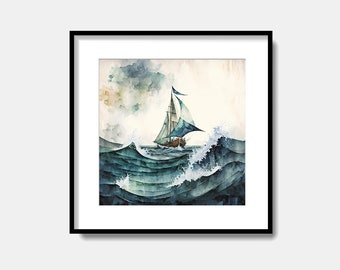 Żaglówka na szczycie fali na oceanie Wydruk cyfrowy