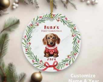 Custom Dachshund First Christmas Ornament, Personalized Red Dachshund Ornament, Custom Dog Christmas Ornament 2024, Doxie Lover Gift