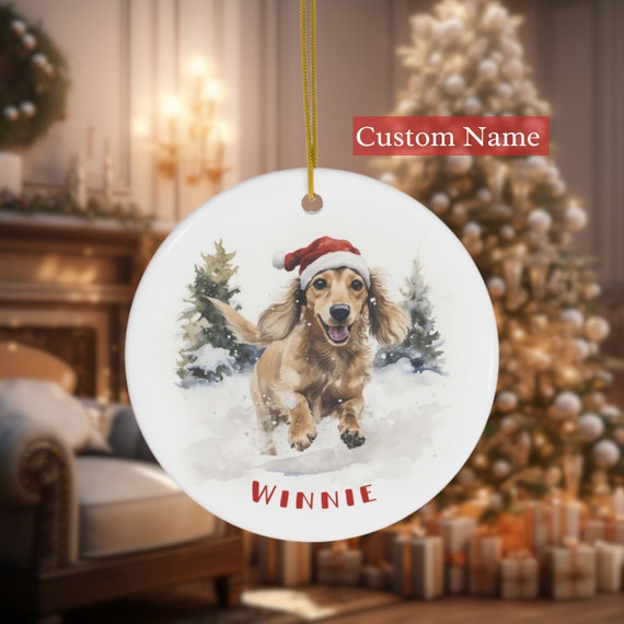 Custom Dachshund Christmas Ornament, Personalized Ceramic Doxie Ornament