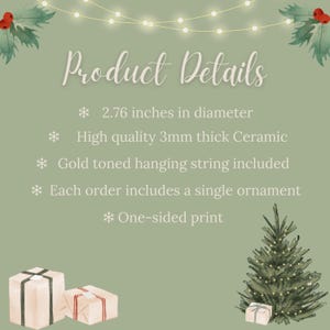 K&ouml;nnte beinhalten: Ein Bild mit dem Text &bdquo;Product Details&ldquo; und Details zu einem Keramikschmuck. Der Schmuck hat einen Durchmesser von 7 cm, besteht aus hochwertiger 3 mm dicker Keramik und enth&auml;lt eine goldfarbene Aufh&auml;ngeschnur. Jede Bestellung enth&auml;lt einen einzelnen Schmuck mit einseitigem Druck.