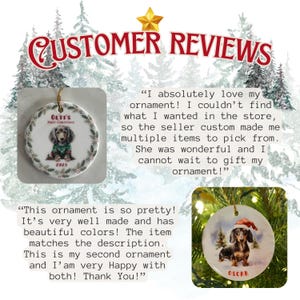 May include: Round Christmas ornament featuring a dachshund wearing a Santa hat, with the name "Oscar" below. The ornament has a gold string for hanging and is decorated with a winter scene. The text "Customer Reviews" is at the top.