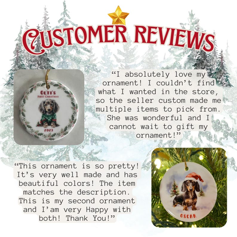 May include: Round Christmas ornament featuring a dachshund wearing a Santa hat, with the name "Oscar" below. The ornament has a gold string for hanging and is decorated with a winter scene. The text "Customer Reviews" is at the top.