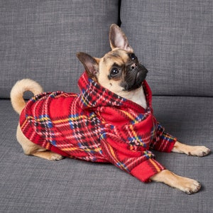 Dog Hoodie Red Tartan Fleece Outfit for Dogs Dog Fashion Pet Clothing Chihuahua Clothes Frenchie Clothes Poochy Pocket Handmade image 5