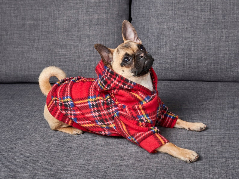 Dog Hoodie Red Tartan Fleece Outfit for Dogs Dog Fashion Pet Clothing Chihuahua Clothes Frenchie Clothes Poochy Pocket Handmade image 5