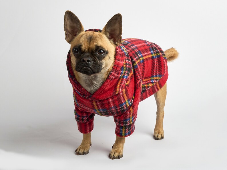 Dog Hoodie Red Tartan Fleece Outfit for Dogs Dog Fashion Pet Clothing Chihuahua Clothes Frenchie Clothes Poochy Pocket Handmade image 1