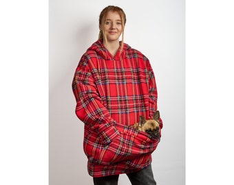 Oversized Unisex Fleece Hoodie with Poochy Pocket / Cute Loungewear / Pet Clothing / Twinning Gift / Dog Jumper / Dog Lover Gift / Tartan