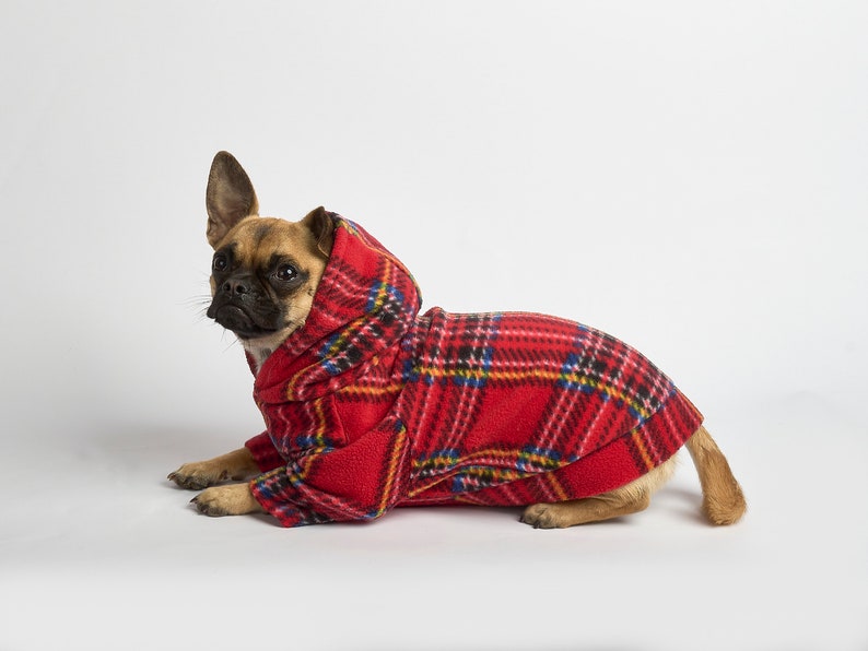 Dog Hoodie Red Tartan Fleece Outfit for Dogs Dog Fashion Pet Clothing Chihuahua Clothes Frenchie Clothes Poochy Pocket Handmade image 4