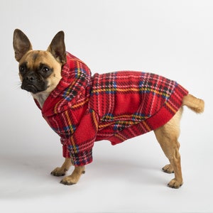 Dog Hoodie Red Tartan Fleece Outfit for Dogs Dog Fashion Pet Clothing Chihuahua Clothes Frenchie Clothes Poochy Pocket Handmade image 3
