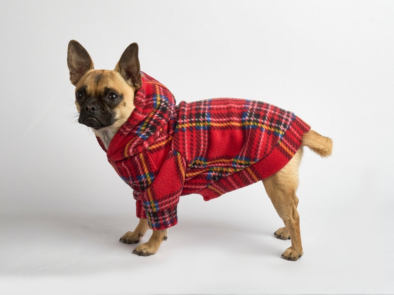 Dog Hoodie Red Tartan Fleece Outfit for Dogs Dog Fashion Pet Clothing Chihuahua Clothes Frenchie Clothes Poochy Pocket Handmade image 3