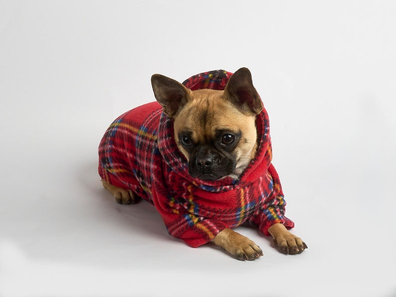 Dog Hoodie Red Tartan Fleece Outfit for Dogs Dog Fashion Pet Clothing Chihuahua Clothes Frenchie Clothes Poochy Pocket Handmade image 2