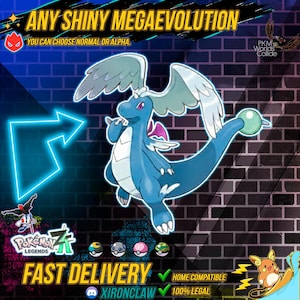 Puede incluir: Un dragón de dibujos animados azul y blanco con grandes alas y una esfera verde en la cola. La imagen incluye el texto "ANY SHINY MEGAEVOLUTION" y "FAST DELIVERY". El fondo es una pared de ladrillos con una flecha azul neón.