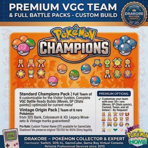 Puede incluir: Un anuncio de packs Pokémon Champions, con varias Poké Balls y insignias. El texto incluye "Premium VGC Team" y "Custom Build". El logotipo de Drakore Boutique Service es visible. La imagen promociona equipos personalizables y Pokémon raros.