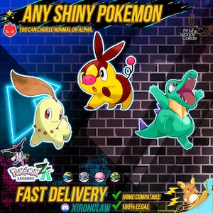 Könnte beinhalten: Werbegrafik mit drei bunten Pokémon-Charakteren vor einer Backsteinmauer. Der Text lautet „ANY SHINY POKEMON“ und „YOU CAN CHOOSE NORMAL OR ALPHA“. Zusätzlicher Text enthält „FAST DELIVERY“ und „HOME COMPATIBLE“.