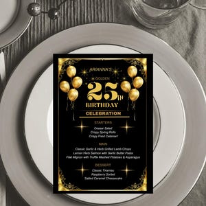 Gold and Black Editable Birthday Menu Card, Elegant Menu Template, Dinner Template, Classic Menu, Birthday Dinner Menu, Dinner Menu Template