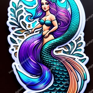 Mermaid png. Digital mermaid sticker in blue and purple for printing. High resolution for any use.