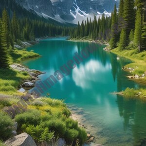 May include: A scenic landscape featuring a turquoise lake reflecting the sky and surrounding mountains. Lush green trees and grassy banks frame the water, with rocky shores and distant snow-capped peaks under a partly cloudy sky.