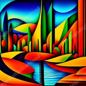 May include: Abstract art print featuring a colorful landscape with a blue sky, green trees, and a winding river. The artwork is made up of geometric shapes and bold colors.