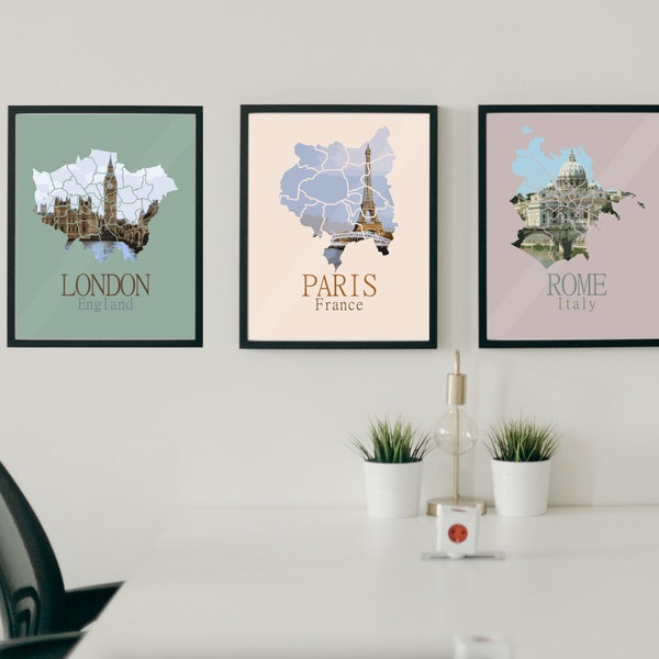 London, Paris, Rome - Set of 3 Prints - Landmarks behind Map - Modern Minimalist Art Decor - Digital Prints 10 x 8