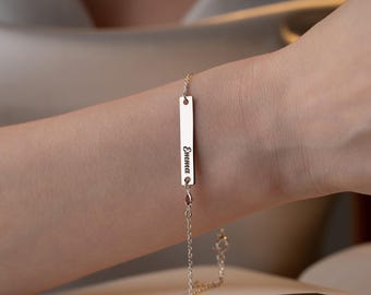 Name Bar Bracelet, Personalized Birthstone & Name Jewelry, Custom Nameplate Bracelet, Mothers Day Gift