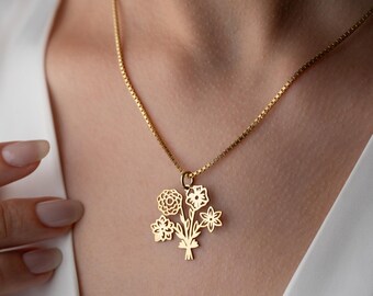 Halsband med blommotiv från familjen, anpassat buketthänge, personlig silverkedja, blomma från flera födelsemånader, present till mors dag