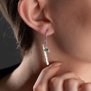 Dangle Name Earrings with Birthstone, Silver Dangling Name Earrings, Custom Name Earrings with Birthstone, Birthday Gift for Her, Mom Gift