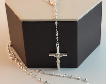 Colar de Rosário, Corrente de Rosário Prateada, Corrente com Contas de Design Elegante com Corte Diamante, Colar com Cruz, Pingente de Cruz com Corrente