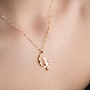 Moon and Cat Pendant, Silver Cat Sitting On The Moon Necklace ,Cat Lover Jewelry In Silver, Valentines Gift.